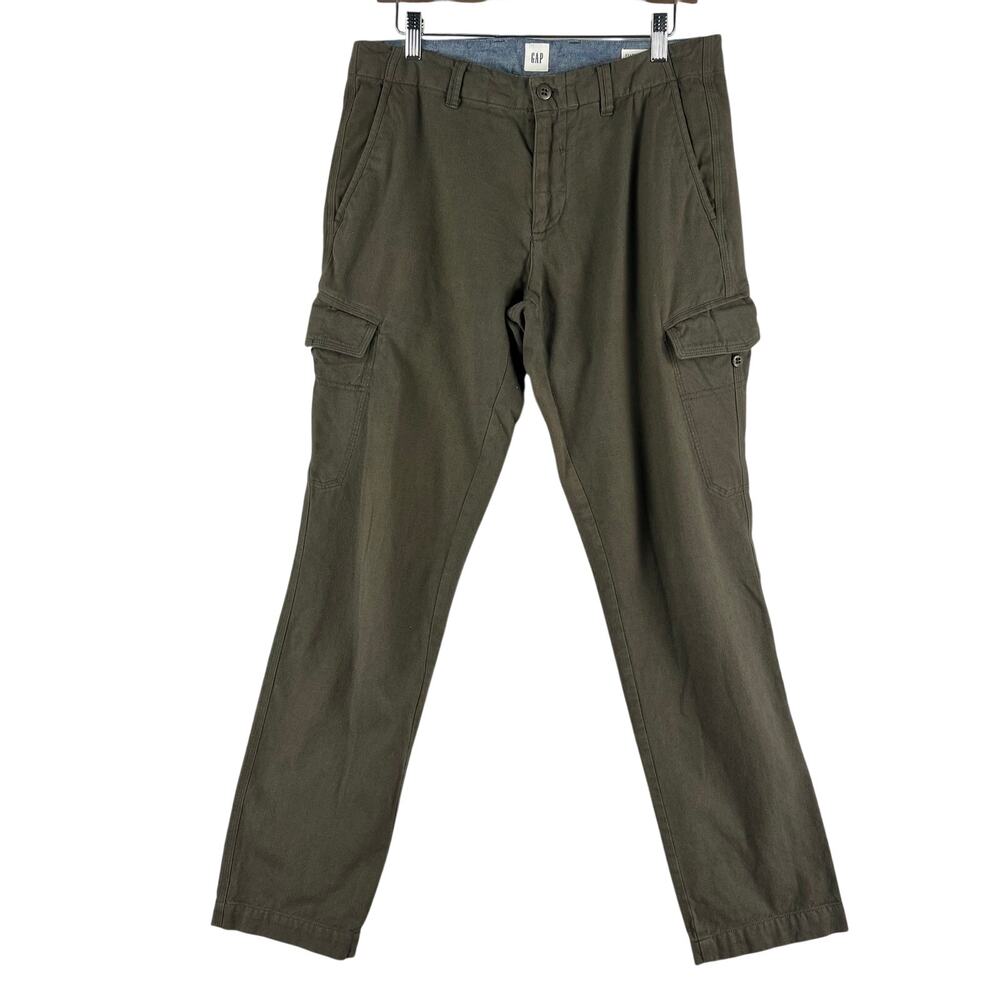 Gap Mens Slim Cargo Herringbone Pants 31x32 Olive Green Surplus Military EUC